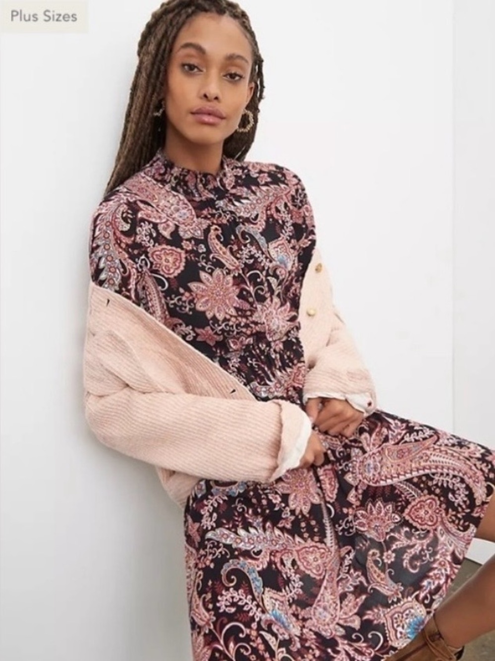 Anthropologie Black and Pink Paisley Midi Dress